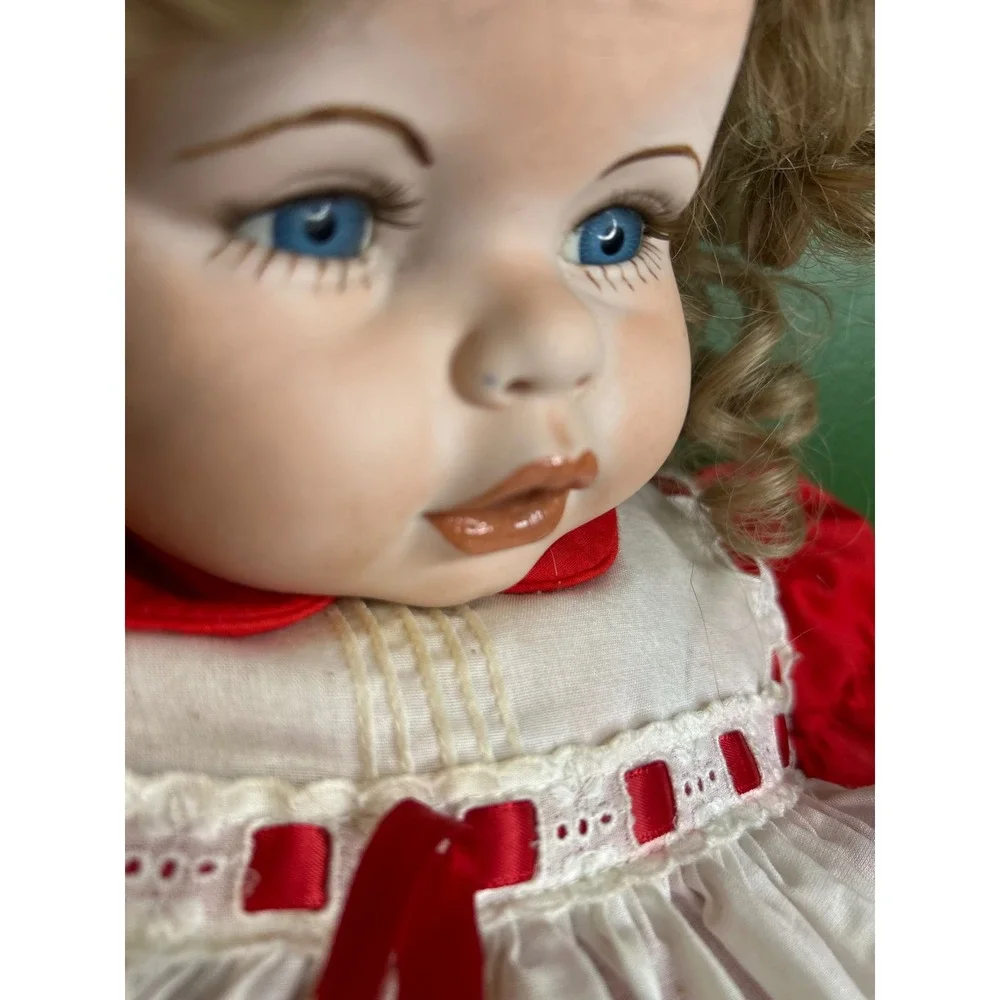 Vintage Porcelain Collector Doll Blonde Curly Hair Red White Lace Dress BlueEyes